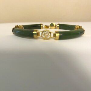 Vintage Green Jade & Gold-Toned Chinese Symbol Link Bracelet